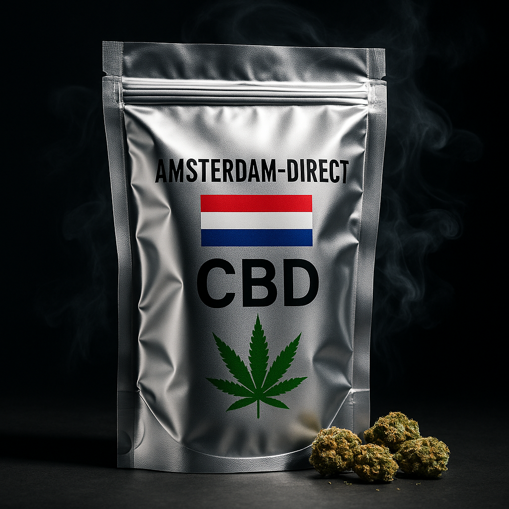 CBD product packaging with 'Amsterdam Direct' branding and CBD leaf on a dark background