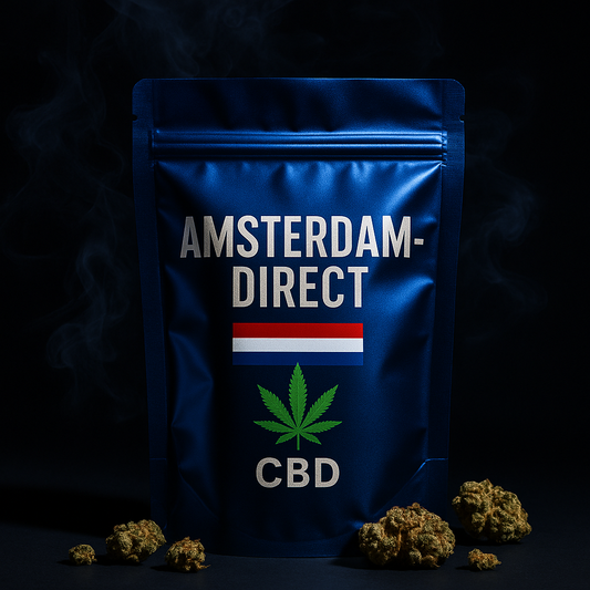Blue Dream packaging with 'Amsterdam Direct CBD' branding and CBD buds on a dark background