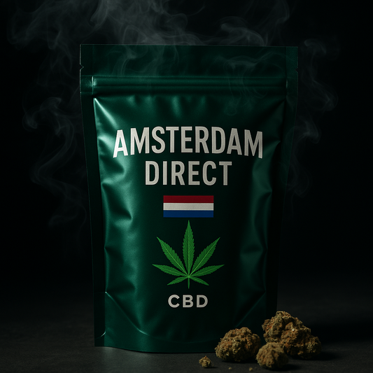 Green package labelled 'Amsterdam Direct CBD' Kryptonite with a CBD leaf on a dark background