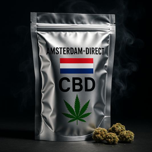 CBD product packaging with 'Amsterdam Direct' branding and CBD leaf on a dark background